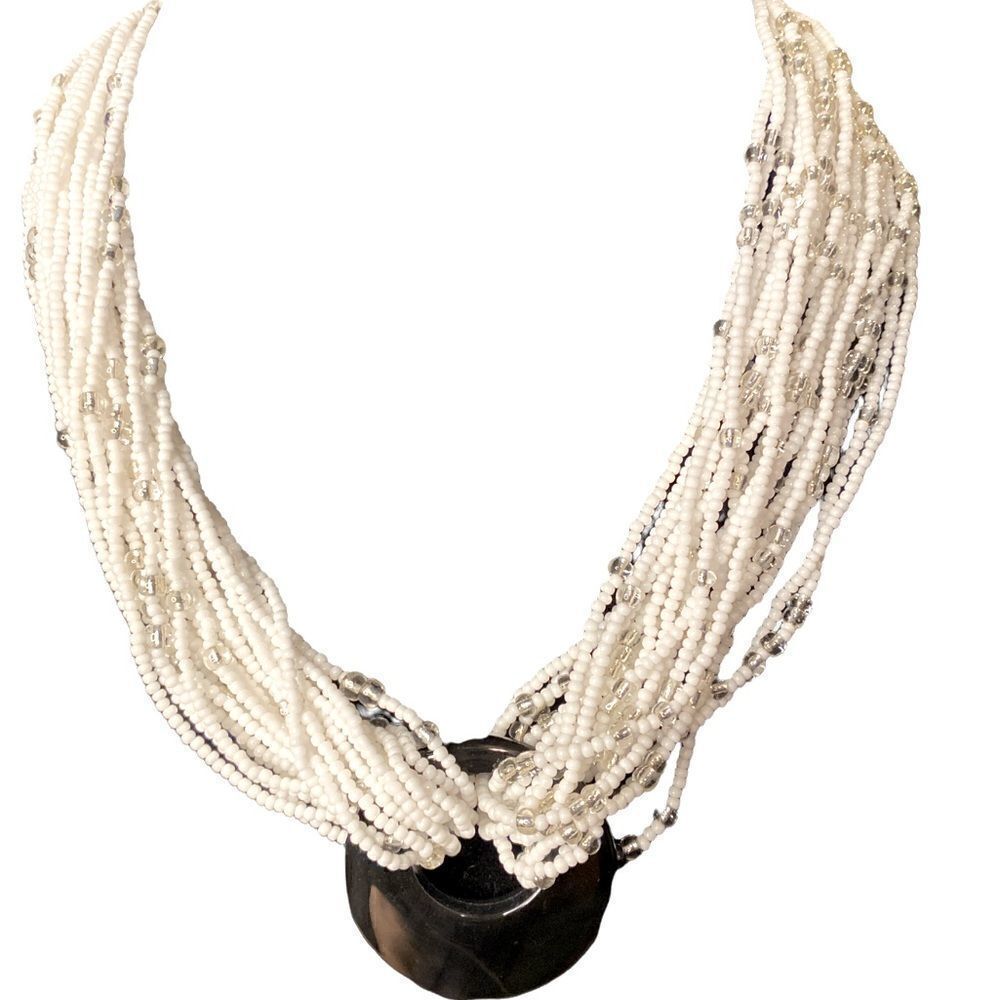 Vintage Chunky Seed Bead Multi Strand White Statement Necklace Black Pendant